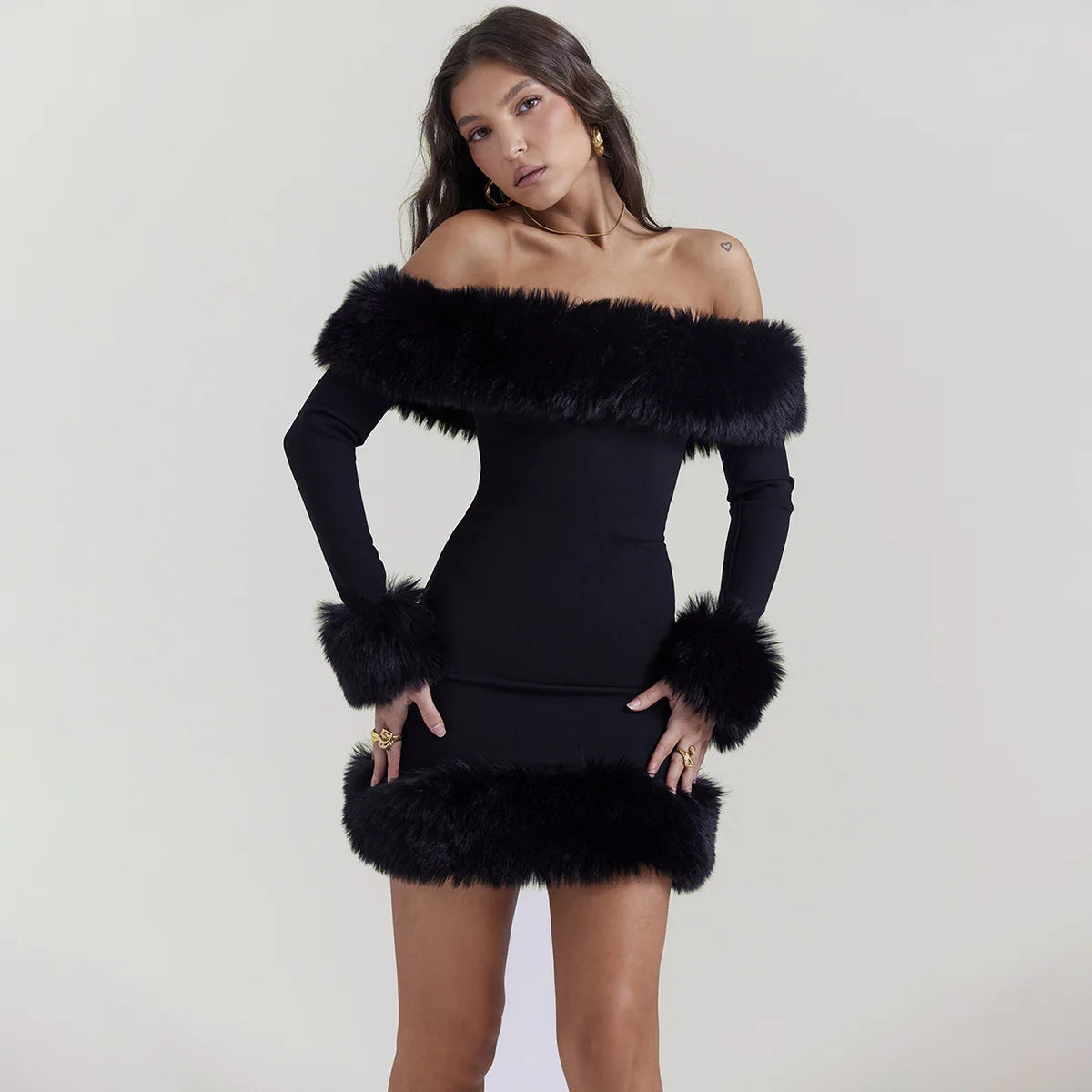 Faux Fur Elegant Party Dresses for Women 2023 Black Off The Shoulder Formal Occasion Dresses Mini New in Winter Women Clothing