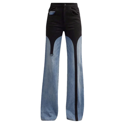 DEAT Fashion Pantalon en jean pour femme taille haute avec coutures contrastées noires et bleues, longueur au sol, jambes larges, automne 2024, nouveau 7AB763