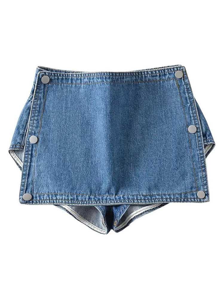 DEAT Fashion Women's Skirt Wasit Button Spliced Two Through Style Solid Color Denim Mini Skirts Female Summer 2024 New 17A9335