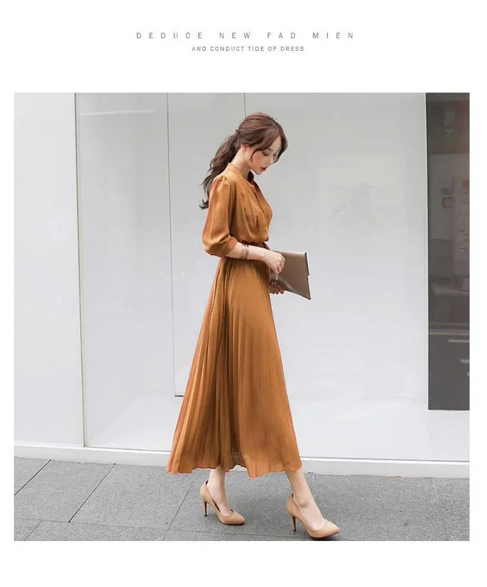 Vestido plisado de manga larga de otoño 2022, vestido midi elegante para mujer, vestidos vintage de oficina para mujer con cinturón, cintura alta, alta calidad