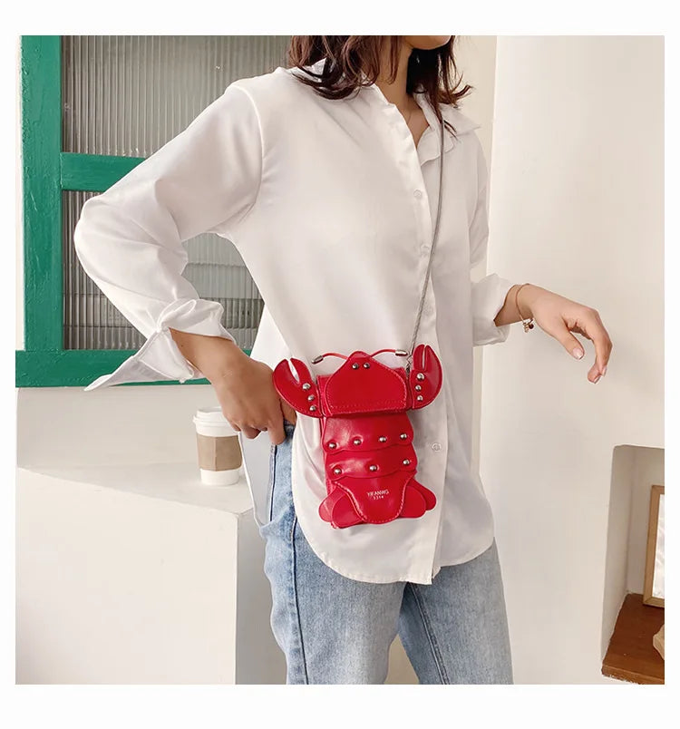 Funny Crayfish Shape Pu Shoulder Bag For Women Summer Red Phone Bag Girls' Chain Small Crossbody Bag