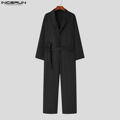 Fashion Casual Style Bodysuit INCERUN 2024 New Men's High-end Suit Collar Design Rompers Solid Color Long Sleeved Jumpsuit S-5XL