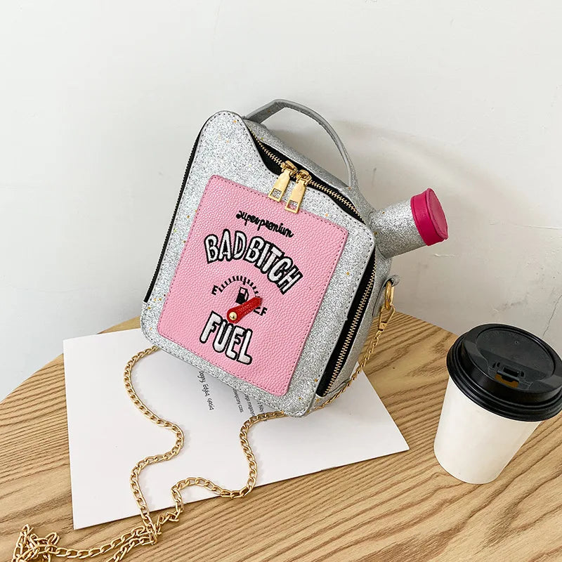 Fashion Personality Laser Sequin Embroidery Letter Oil Pot Bag Creativity Funny Chain Shoulder Bag Women Cute Messenger Bag