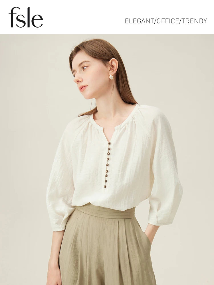 FSLE French Linen Beige Three-quarter Sleeve Elegant Summer Thin Shirts Loose Round Neck Pullover Blouses 24FS12211