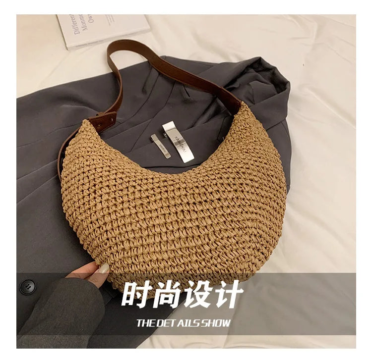 Casual Hobos Straw Women Shoulder Bags Handmade Weave Crossbody Bags Vintage Simple Summer Beach Bag Large Capacity Tote Purses