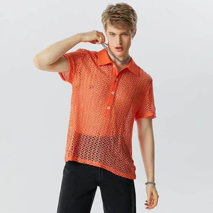 Camisa de moda para hombre, de malla transparente, con solapa hueca, de manga corta, ropa de calle para hombre 2023, camisas sexis de color sólido S-5XL INCERUN