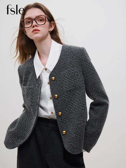 FSLE Office Lady French Style Fragrance Jacket Women's Autumn Winter 2023 New Wool Tweed Jacket For Women Grey Casual Coats