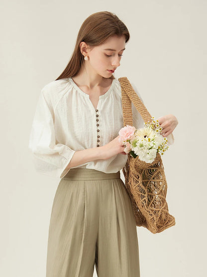 FSLE French Linen Beige Three-quarter Sleeve Elegant Summer Thin Shirts Loose Round Neck Pullover Blouses 24FS12211