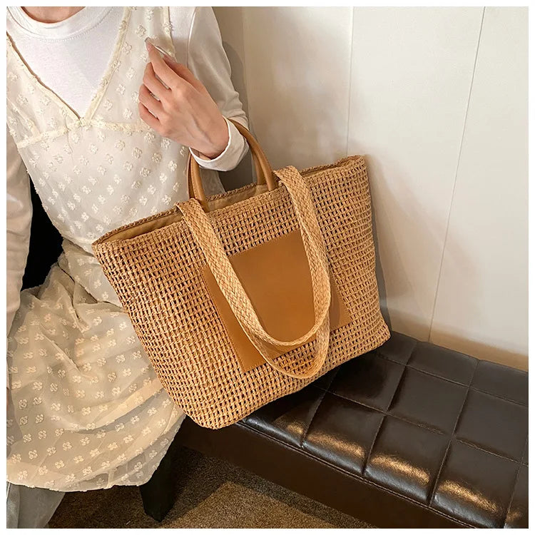 Casual Large Capacity Straw Tote Bag Hollow Paper Weave Women Shoulder Bags Handmade Summer Beach Handbag Big Bali Shopper Purse