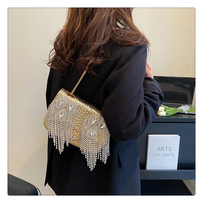 Evening Small Square Bags for Women 2023 Fashion Diamond Tassel Handbag Leather Chain Luxury Party Sparkle Shoulder Bag Woman