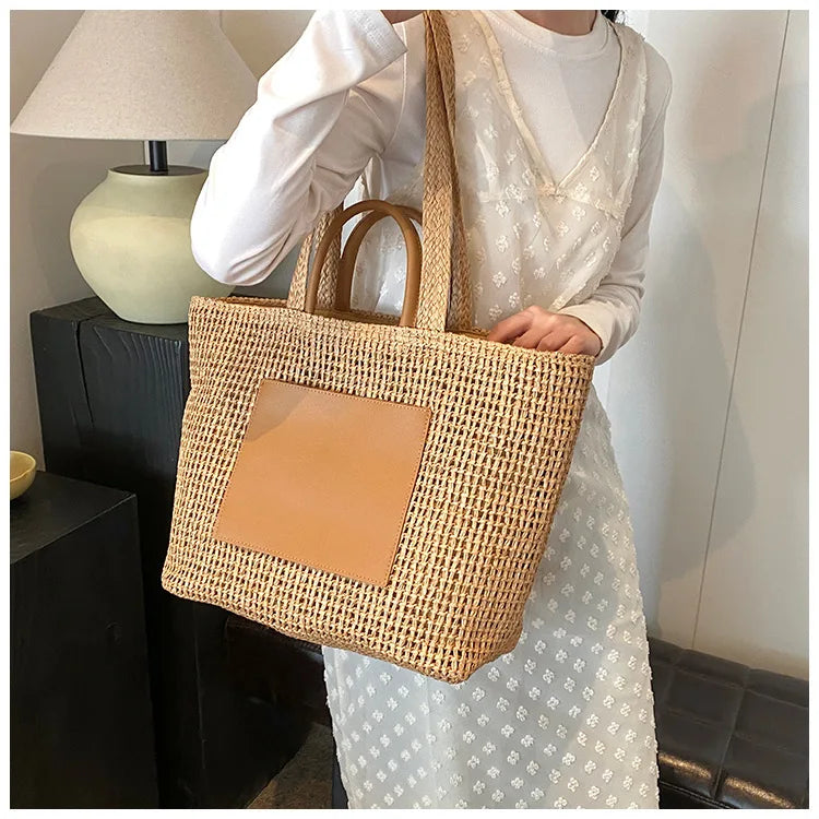 Casual Large Capacity Straw Tote Bag Hollow Paper Weave Women Shoulder Bags Handmade Summer Beach Handbag Big Bali Shopper Purse