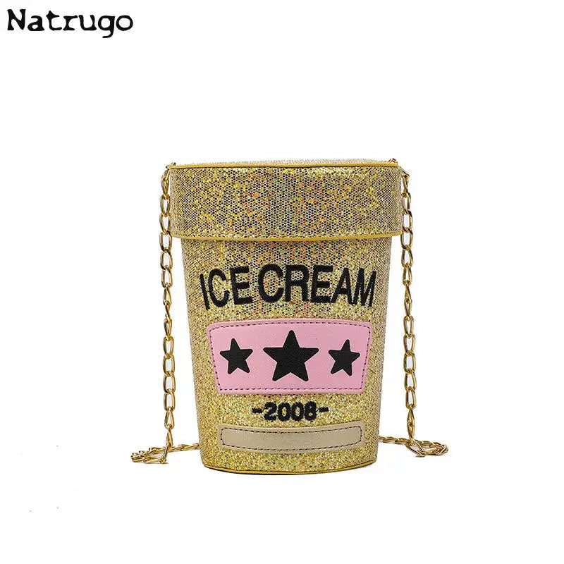 Funny cute cup shape shoulder bag icea cream letter printing bucket bag ladies crossbody messenger bag female purse handbag