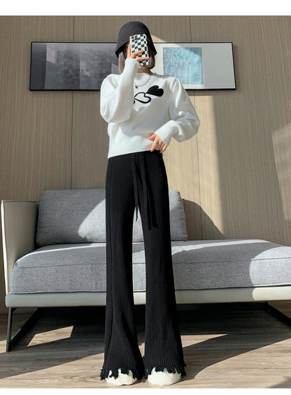 Suninheart Tassels Wide Leg Knitted Pants Women Winter Stripe Loose Trousers Femme Casual Full Length Warm Sweater Pants 2022