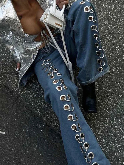 DEAT Fashion Women Denim Pants Loose Low-waisted Metal Hollow Out Floor-length Straight Blue Lady Jeans Spring 2024 New 19F2031