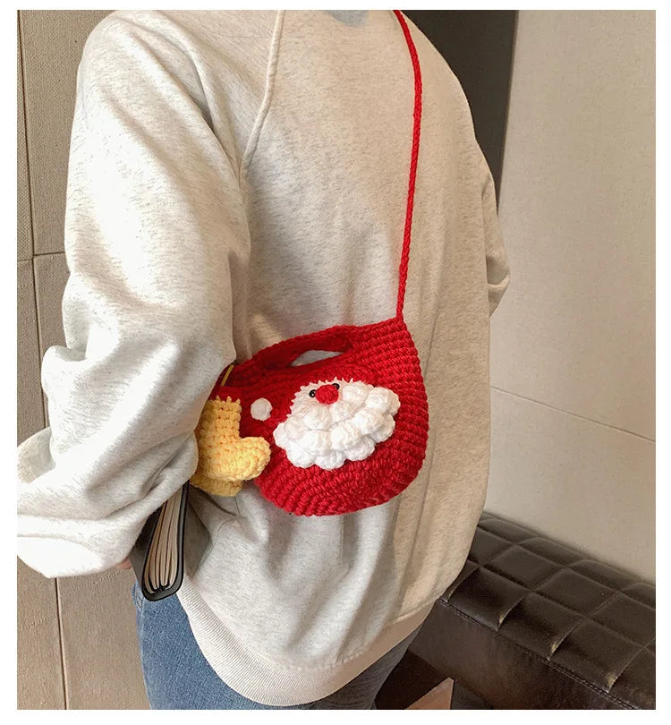 Bolso bandolera tejido a mano con dibujos animados para mujer, bolso para teléfono móvil, bolso bandolera pequeño de punto de Papá Noel, monedero, tarjetero, Kawai