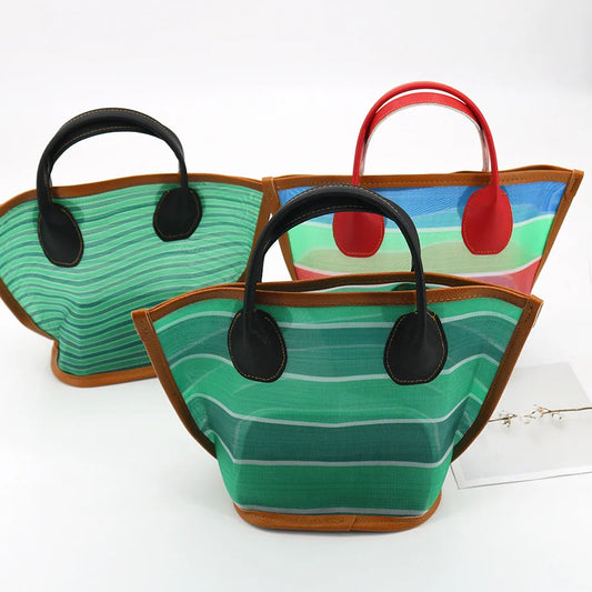 Bolsos de mano informales de malla a rayas para mujer, pequeños bolsos de mano, bolsos de playa vintage de verano, mini bolsos de mano para mujer, carteras para mujer 2024