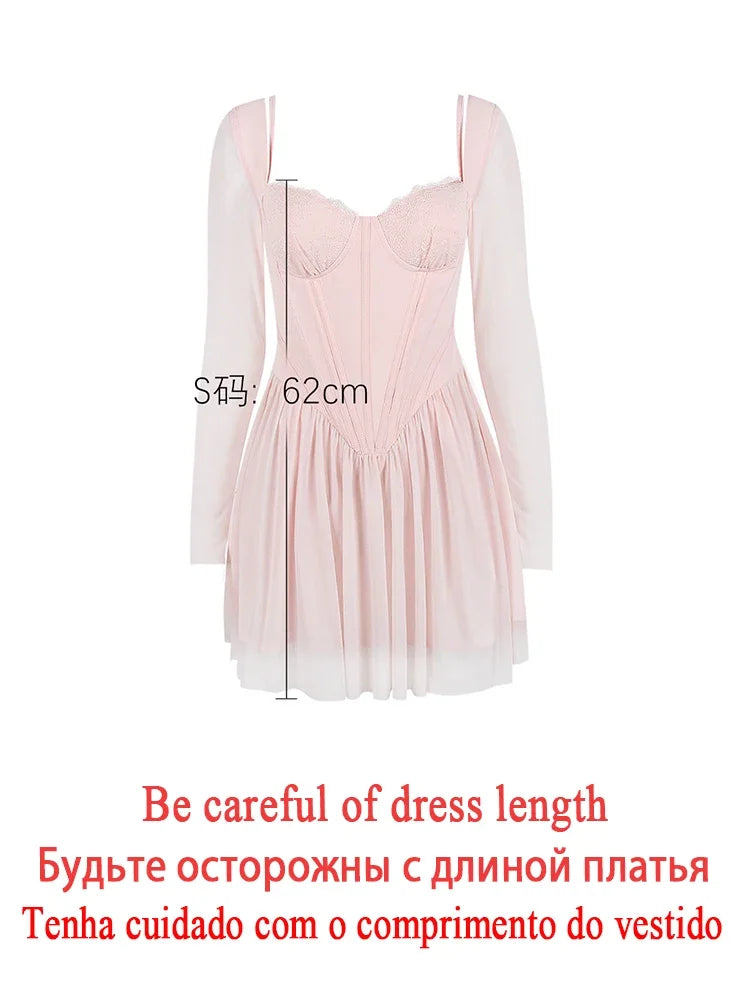 Suninheart Autumn Mesh Long Sleeve Dress Pink A Line Bodycon Birthday Party Dress Mini Holiday Vacation Dress Women 2023