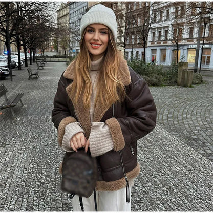 Veste d'hiver chaude en cuir PU pour femme, manteau à manches longues et fermeture éclair, style vintage, à la mode, 2023