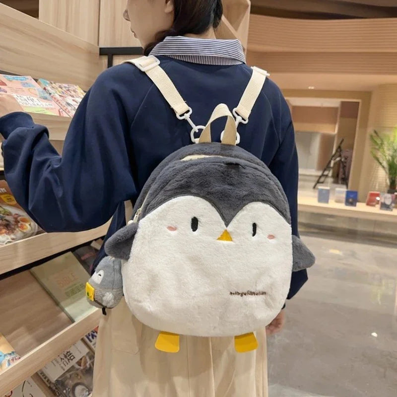 Sac à dos en peluche douce Kawaii pour femmes, mignon pingouin, mini sac à dos d'école pour adolescentes, sacs chauds en fausse fourrure, Mochilas Femininas