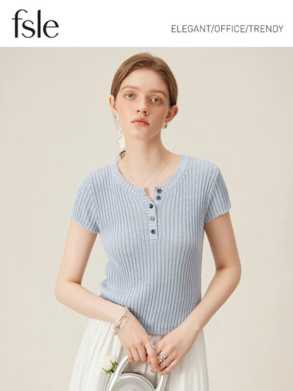 FSLE Knitted Women T-Shirt Commuting Versatile Casual Top 2024 Summer New Design Thin Short-Sleeved Female Top 24FS12196