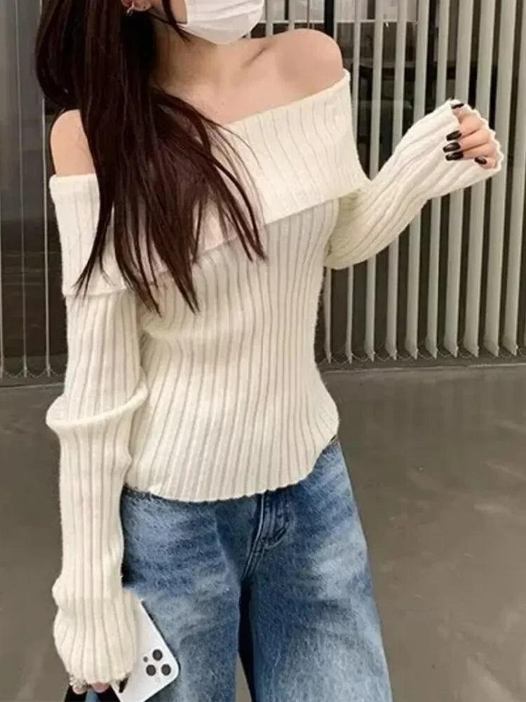 Suninheart Autumn Winter Rib Knitted Off The Shoulder Pullover Sweater Sexy Women Full Sleeve Sweater Pullovers Elegant Jumpers