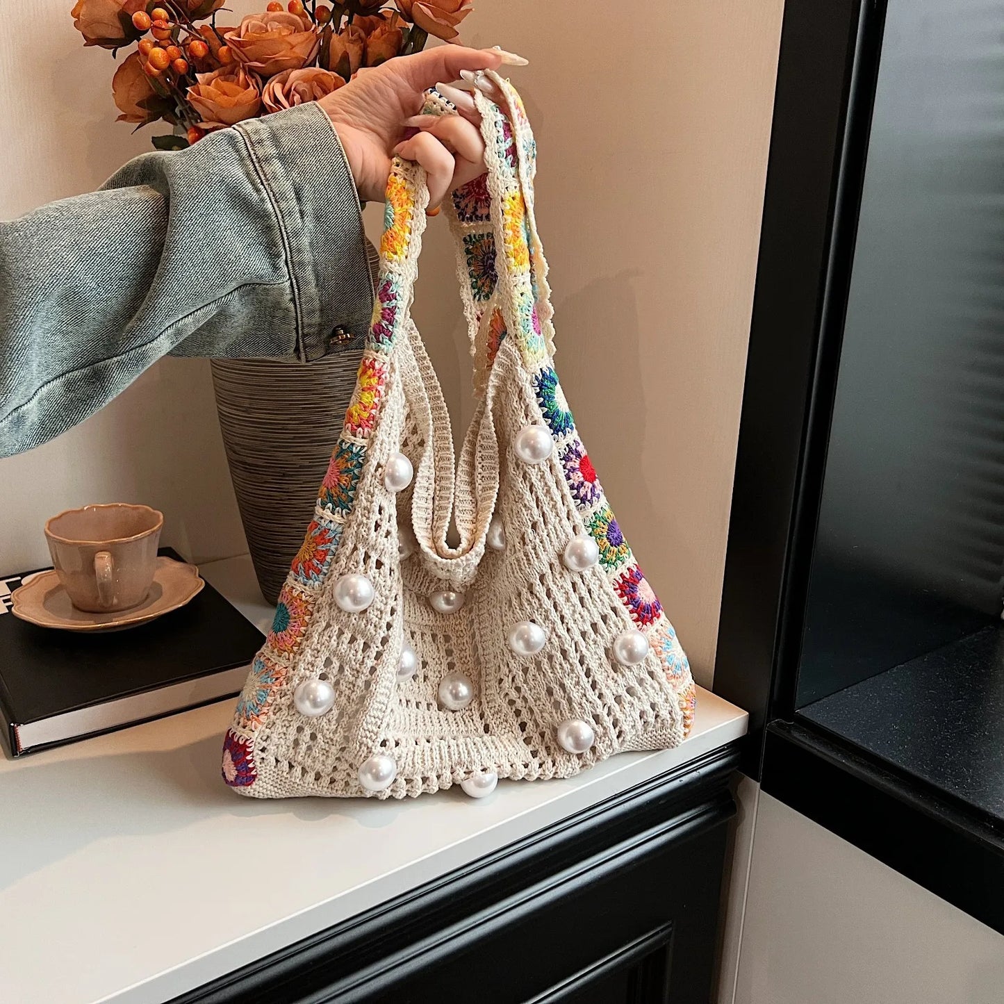 Casual Hollow Out Pearls Knitted Women Shoulder Bag Weave Crossbody Bags Bohemian Summer Beach Large Capacity Shopper Purse 2024