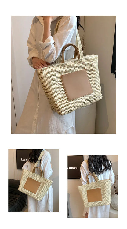 Casual Large Capacity Straw Tote Bag Hollow Paper Weave Women Shoulder Bags Handmade Summer Beach Handbag Big Bali Shopper Purse