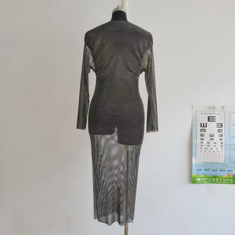 Vestido de fiesta de cóctel para mujer, en blanco y negro, elegante, liso, de manga larga, informal, con diamantes de imitación, para playa