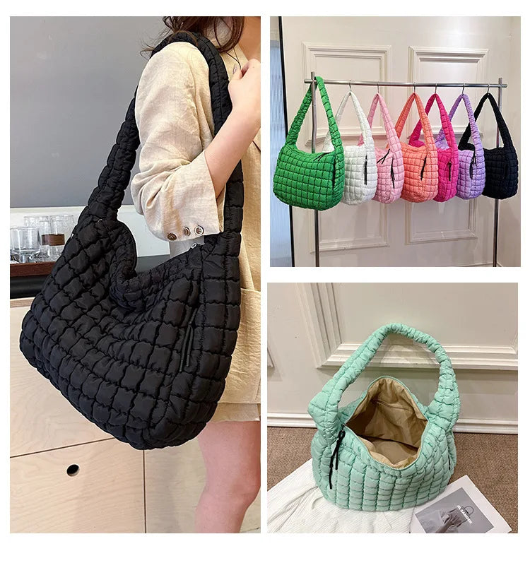 Bolsos de hombro casuales con frunces para mujer, bolsos cruzados acolchados, bolsos de mano de nailon de gran capacidad, bolsos grandes para compras