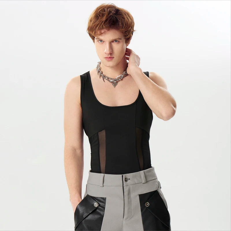 2024 Hommes Bodys Maille Patchwork Sexy Sans Manches Barboteuses Hommes Streetwear Transparent Maigre Mode Homme Body S-5XL INCERUN