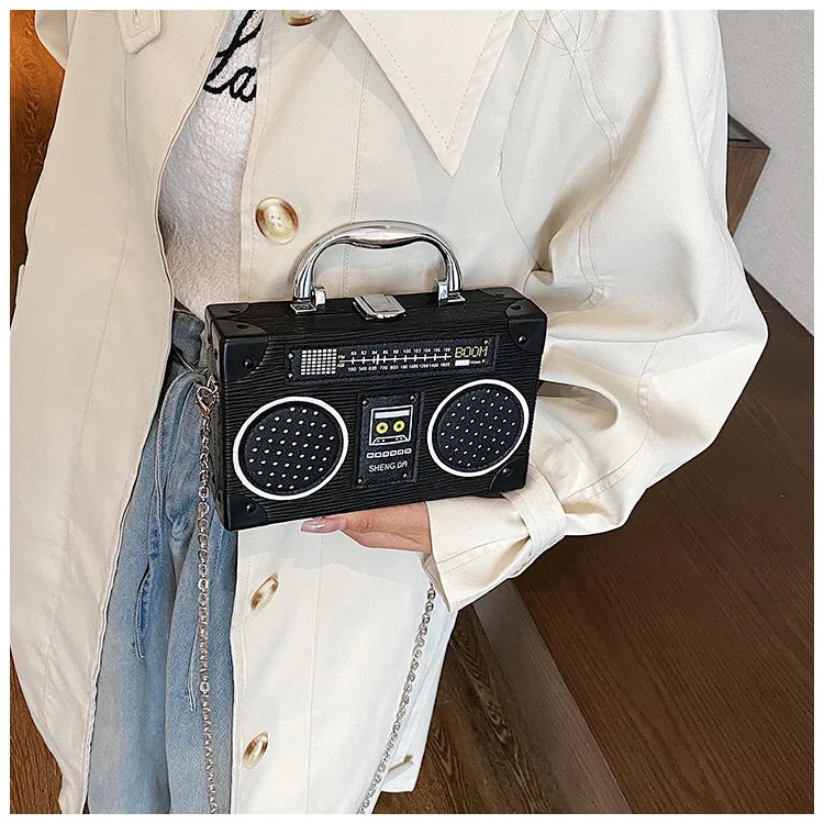 Bolso bandolera con forma de radio vintage exclusivo para mujer, bolso de hombro con cierre de clip