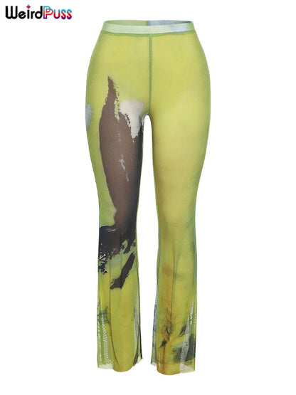 Pantalones rectos con efecto tie-dye de malla con diseño de gatito extraño para mujer, tendencia sexy de verano, ajustados y transparentes, ropa de calle, pantalones elásticos salvajes para actividades