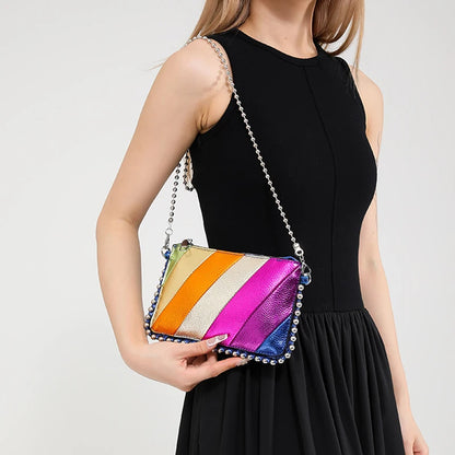 Bolso de mano con paneles de patchwork de moda para mujer, bolsos de hombro de diseñador con cuentas de metal, bolso cruzado de arcoíris, bolsos pequeños para mujer