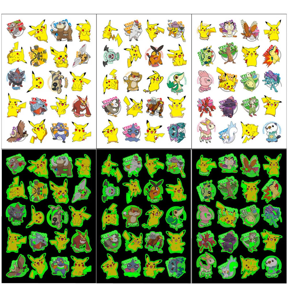 1Pcs/3Pcs/6Pcs Autocollants de tatouage Pokémon Pikachu lumineux non répétitifs Jouets de dessin animé Tatouages ​​temporaires pour enfants Cadeau pour enfants