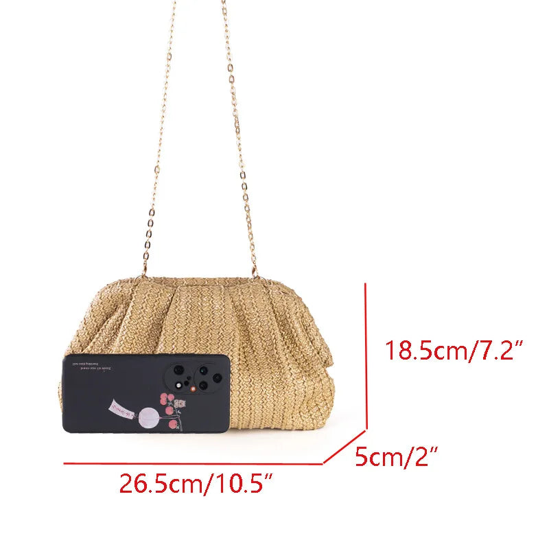 Bolso de mano informal de paja con forma de concha para mujer, bolso bandolera con cadena para el hombro, bolso de playa de verano, monederos pequeños para teléfono para fiesta 2024