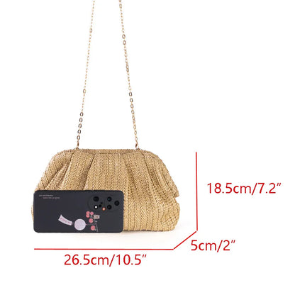 Bolso de mano informal de paja con forma de concha para mujer, bolso bandolera con cadena para el hombro, bolso de playa de verano, monederos pequeños para teléfono para fiesta 2024