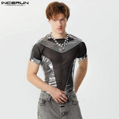 2024 Body pour hommes en maille patchwork brillant transparent col rond manches courtes barboteuses pour hommes streetwear mode body S-3XL INCERUN