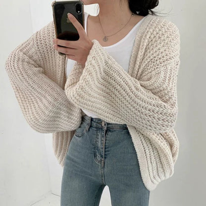 CAKULO Vintage Harajuku Lantern Sleeve Women Cardigan Sweater Casual Korean Fall Streetwear Tops Coat Chic Lazy Wind Y2k Sweater