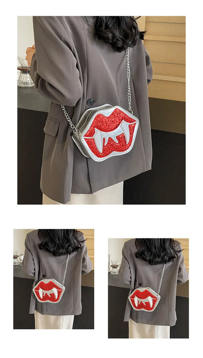 Cute Small Bag for Women 2024 New Summer Cartoon Funny Big Lips One Shoulder Chain Small Round Bag