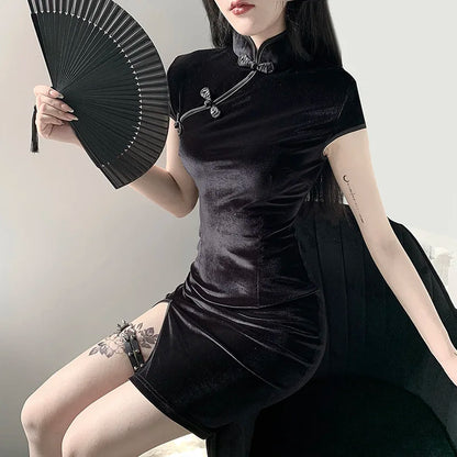 Goth Dark Women Dress Cheongsam Chinese Style Skinny Mini Dress Streetwear Sexy Vintage Haraiuku Summer Women Clothing Slim 2023