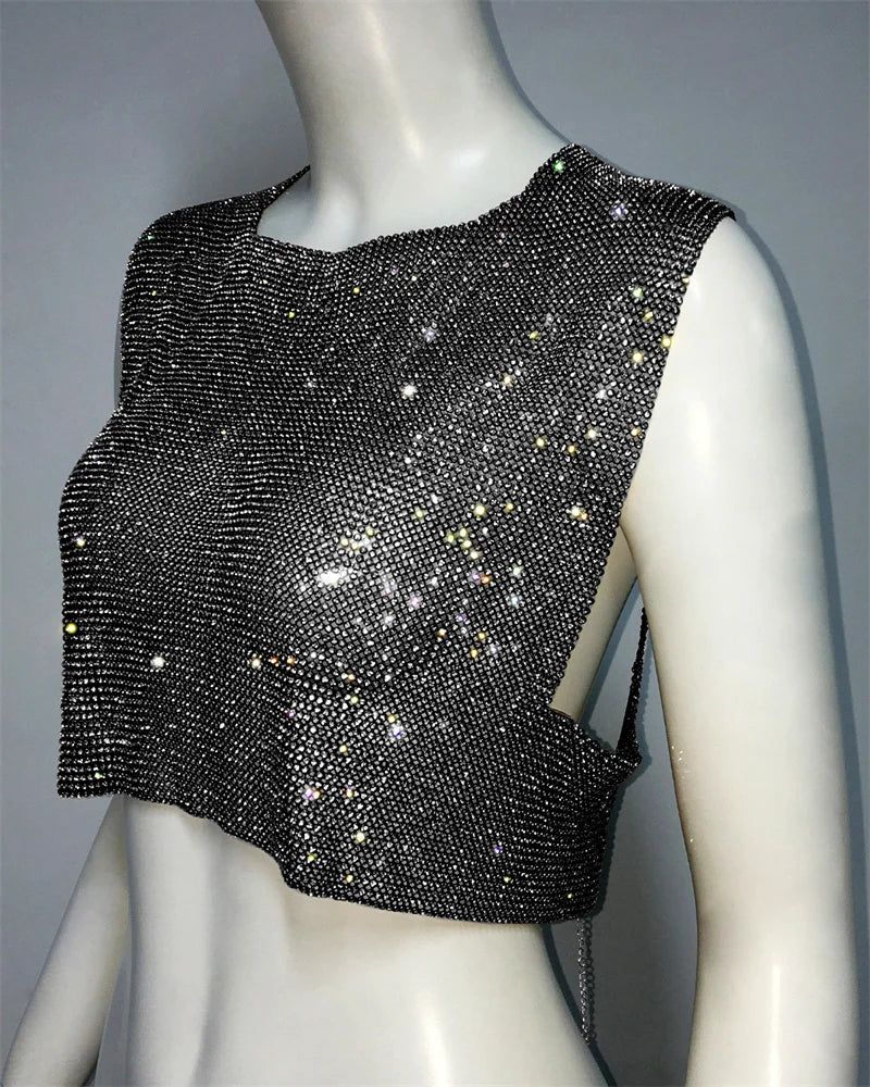 Tops de metal sin espalda para mujer, estilos de verano, ropa de fiesta, club nocturno, tops sexis sin mangas, tops con lentejuelas brillantes, venta al por mayor