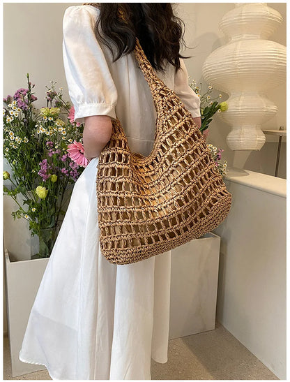 Casual Hollow Straw Women Shoulder Bags Handmade Woven Large Capacity Tote Bag Summer Beach Handbags Simple Bali Purses 2024