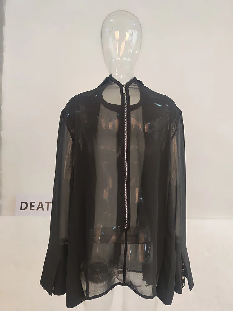 DEAT Fashion Blazer de mujer falso 2 piezas cuello redondo empalme gasa translúcida manga larga chaqueta de traje otoño 2024 nueva marea 17A2746