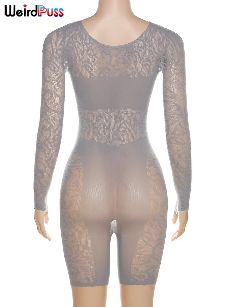 Mono sexy con escote en V profundo para mujer, mono transparente con diamantes huecos, fino, de manga larga, elástico, para fiesta nocturna, club, entrenamiento