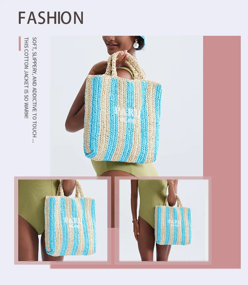 Casual Striped Straw Tote Bag Designer Letters Woven Women Handbags Handmade Summer Beach Bag Big Bali Travel Shopper Purse 2024