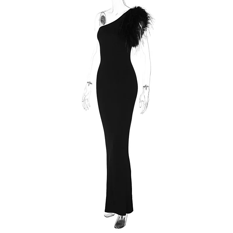 Dulzura Black Sleeveless One Shoulder Feather Maxi Dress For Women Bodycon Sexy Party Elegant Long Dress Birthday Evening Outfit