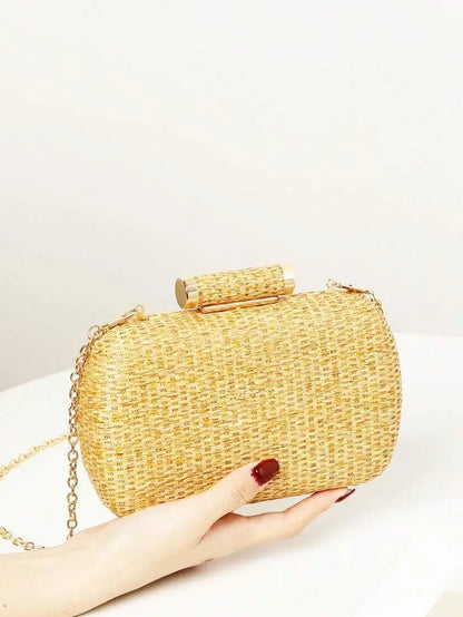 Fashion Mini Minimalist Braided Design Straw Bag Summer Party Purses Vintage Beach Bags Box Chains Shoulder Crossbody Bag 2024