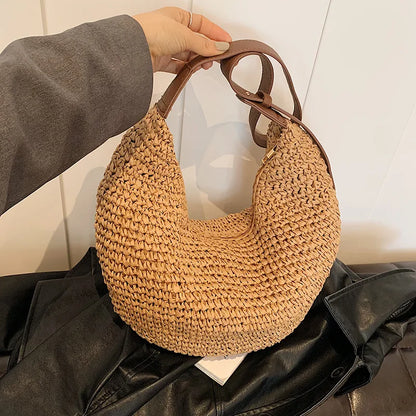 Casual Hobos Straw Women Shoulder Bags Handmade Weave Crossbody Bags Vintage Simple Summer Beach Bag Large Capacity Tote Purses