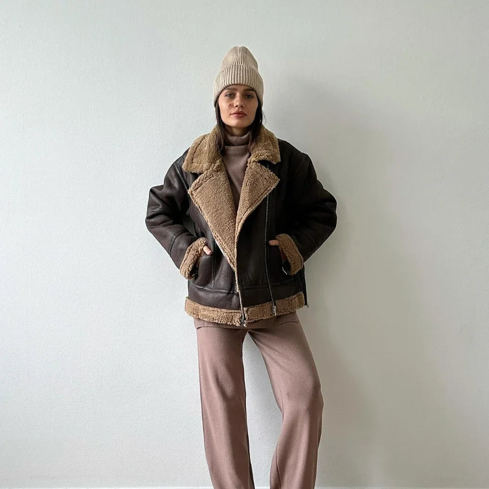 Veste d'hiver chaude en cuir PU pour femme, manteau à manches longues et fermeture éclair, style vintage, à la mode, 2023