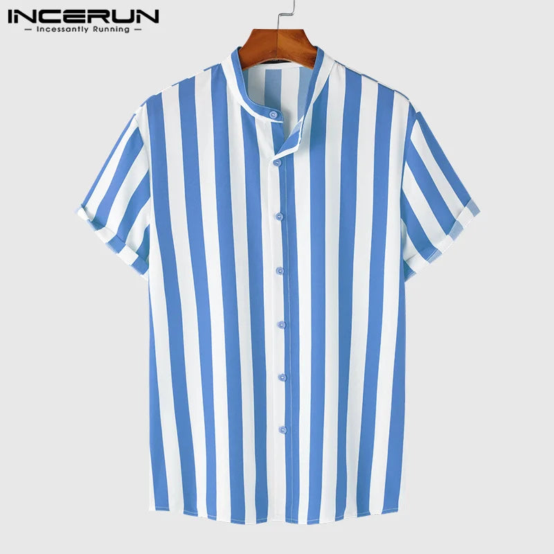 2023 Men Striped Shirt Brand Stand Collar Streetwear Short Sleeve Button Casual Camisa Hombre Leisure Fashion Tops INCERUN S-5XL